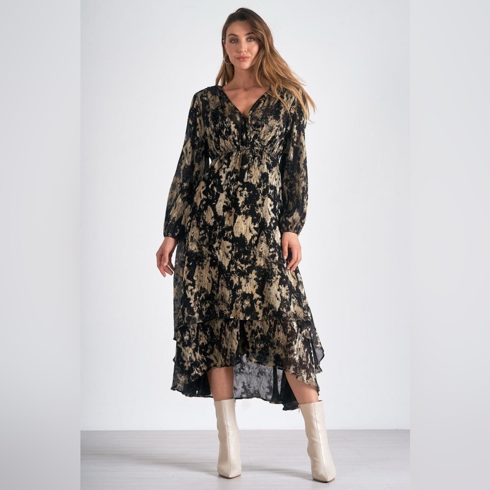 Elan Elegant Black and Gold Women's Dress